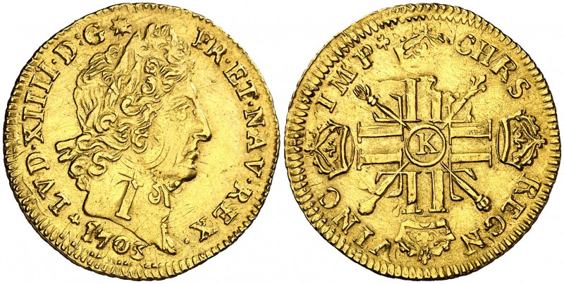 1703. Francia. Luis XIV. K (Burdeos). 1 louis d'or. (Fr. 436) (Kr. 334.11). 6,72...