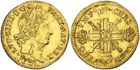 1703. Francia. Luis XIV. K (Burdeos). 1 louis d'or. (Fr. 436) (Kr. 334.11). 6,72 g. AU. Acuñada sobre otra moneda. Limpiada. (MBC+).