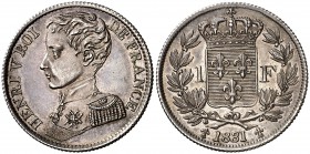 1831. Francia. Enrique V, Pretendiente, duque de Burdeos y Conde de Chambord. 1 franco. (Kr.UWC. 28.2). 4,99 g. AG. Bella. S/C-.