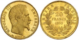 1853. Francia. Napoleón III. A (París). 20 francos. (Fr. 573) (Kr. 781.1). 6,46 g. AU. Leves marquitas. Bella. EBC+.