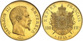 1855. Francia. Napoleón III. A (París). 100 francos. (Fr. 569) (Kr. 786.1). AU. En cápsula de la PCGS como MS62. Muy bella. Rara así. S/C-.