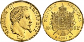 1867. Francia. Napoleón III. BB (Estrasburgo). 100 francos. (Fr. 581) (Kr. 802.2). AU. En cápsula de la PCGS como MS62+. Muy bella. Rara así. S/C-.