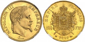 1869. Francia. Napoleón III. BB (Estrasburgo). 100 francos. (Fr. 581) (Kr. 802.2). AU. Ex Heritage 04/01/2015, nº 29451. En cápsula de la NGC como MS6...
