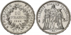 1964. Francia. V República. 10 francos. (Kr. E111) (Gadoury 813). 25 g. AG. "ESSAI". Ex Áureo & Calicó 15/12/2010, nº 2949. Rara. Proof.