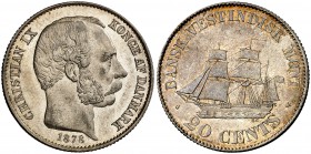 1878. Indias Danesas. Cristian IX. 20 céntimos. (Kr. 71). 6,96 g. AG. Bella. Escasa así. EBC+.