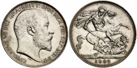 1902. Inglaterra. Eduardo VII. 1 corona. (Kr. 803). 28,21 g. AG. Bella. Escasa así. EBC.