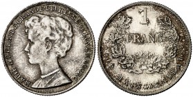 1914. Luxemburgo. María Adelaida, Gran Duquesa. 1 franco. (Kr. E26). 4,41 g. AG. "ESSAI". Leves rayitas. Rara. S/C-.