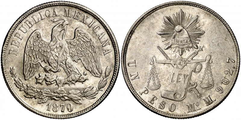 1870. México. Mº (México). M. 1 peso. (Kr. 408.5). 27,20 g. AG. Bella. Escasa as...