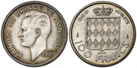 1956. Mónaco. Rainiero III. 100 francos. (Kr. E37). 7,01 g. AG. "ESSAI". Rara. S/C-.