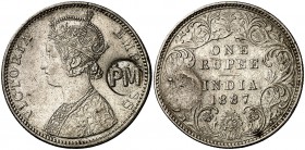 Mozambique. 1 rupia. (Kr. 54.2). 11,46 g. AG. Resello PM (De Mey 933) sobre 1 rupia 1887 de la India. MBC+.