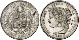 1880. Perú. 5 pesetas. (Kr. 201.2). 24,92 g. AG. Atractiva. Escasa así. EBC.