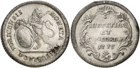 1773. Suiza. Zúrich. 1 taler. (Kr. 159). 26,39 g. AG. Bella. Rara. EBC.