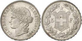1907. Suiza. B (Berna). 5 francos. (Kr. 34). 24,92 g. AG. Bellísima. S/C.