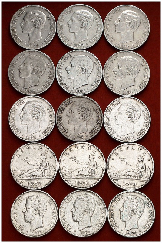 1870-1884. Lote de setenta y tres monedas de 5 pesetas. A examinar. BC/BC+.