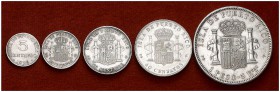 1895-1896. Alfonso XIII. Puerto Rico. PGV. 5, 10, 20, 40 centavos y 1 peso. (Cal. 82 a 86). Lote de 5 monedas, serie completa. A examinar. MBC-/MBC+.
