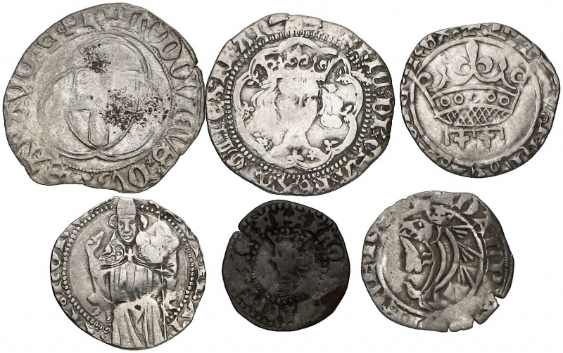Lote formado por seis monedas medievales europeas de vellón y plata. A examinar....