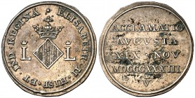 1833. Isabel II. Valencia. Medalla de Proclamación. (Ha. 35). 3,43 g. 20 mm. Plata. Manchitas. Escasa. (MBC+).