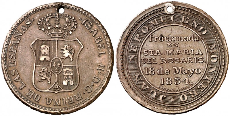 1834. Isabel II. Santa María del Rosario. Medalla de Proclamación. (Ha. 53). 6,4...