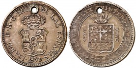 1834. Isabel II. Santiago de las Vegas. Medalla de Proclamación. (Ha. 55) (Ruiz Trapero 615) (V. 770). 6,88 g. 25 mm. Plata. Perforación. Rara. (MBC-)...