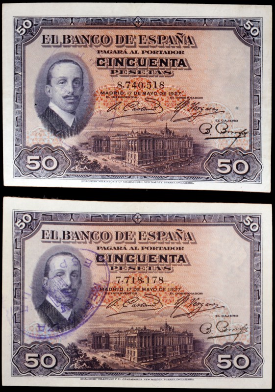 1927. 50 pesetas. (Ed. B115). 17 de mayo, Alfonso XIII. Lote de 2 billetes con e...