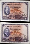 1927. 50 pesetas. (Ed. B115). 17 de mayo, Alfonso XIII. Lote de 2 billetes con el sello tampón de la República, uno en vertical y otro en diagonal. Es...
