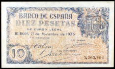 1936. Burgos. 10 pesetas. (Ed. D19). 21 de noviembre. Raro. MBC.