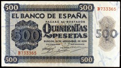 1936. Burgos. 500 pesetas. (Ed. D23a). 21 de noviembre. Serie B. Raro. MBC+.