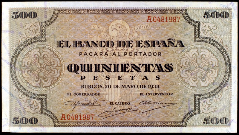1938. Burgos. 500 pesetas. (Ed. D34). 20 de mayo. Serie A. Raro. MBC+.