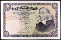 1946. 500 pesetas. (Ed. D53). 19 de febrero, Padre Vitoria. Leve doblez. Buen ejemplar con apresto. Raro. EBC.