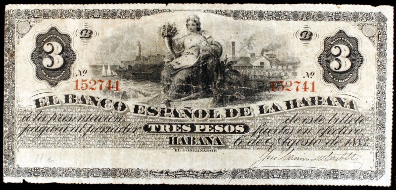 1883. El Banco Español de la Habana. 3 pesos. (Ed. CU58). 6 de agosto. Escaso. M...