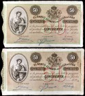 1896. El Banco Español de la Isla de Cuba. 50 pesos. (Ed. CU80). 15 de mayo. Lote de 2 billetes con certificado PLATA. Escasos. MBC+/EBC.