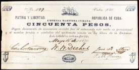1870. Cuba. Empresa marítima cubana. Acción de 50 pesos. 16 de mayo. Muy rara. MBC+.