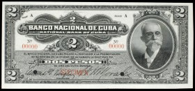 1905. Cuba. Banco Nacional de Cuba. 2 pesos. (Pick 66s). Máximo Gomes. Primera emisión. Dos taladros. SPECIMEN y numeración 00000. Certificado PCCS Cu...