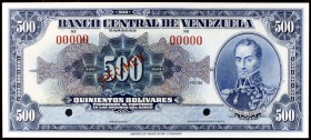 (1940). Venezuela. Banco Central. 500 bolívares. (Pick 35s) (S.Sucre pág. 258). SPECIMEN. En azul. Dos taladros, numeración 00000. Muy raro. S/C.