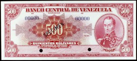 (1943-1946). Venezuela. Banco Central. 500 bolívares. (Pick 36s) (S.Sucre pág. 258). SPECIMEN. En rojo. Dos taladros, numeración 00000. S/C.