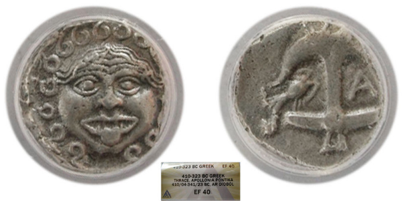 THRACE, Apollonia Pontika. 410-323 BC. AR Diobol. ANACS EF-40. Facing gorgoneion...