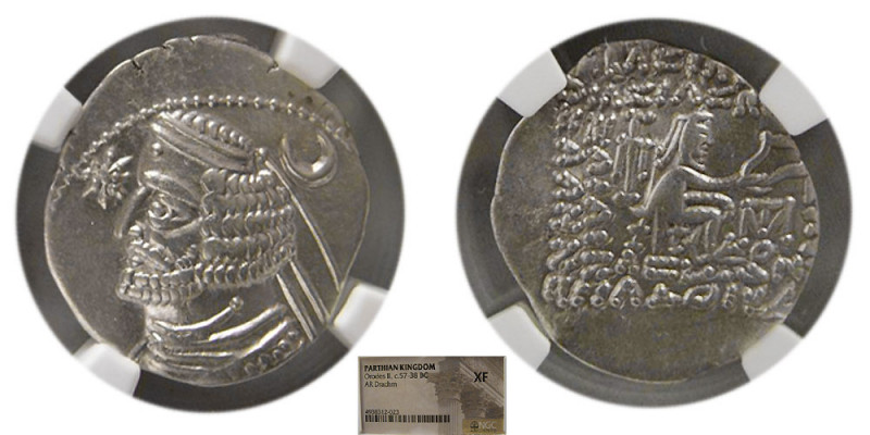 KINGS of PARTHIA. Orodes II. 57-38 BC. AR Drachm. NGC-XF. Mithradatkart mint. St...