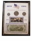 U.S. 1776-1976, Bicentennial Clad Coins, Stamps and Currency, framed.