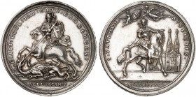 BAMBERG. - Bistum. Sedisvakanz 1746. 
Silbermedaille 1746 (von P. P. Werner, 38,8 mm). Reitender St. Georg den Drachen tötend / Kaiser Heinrich II. z...