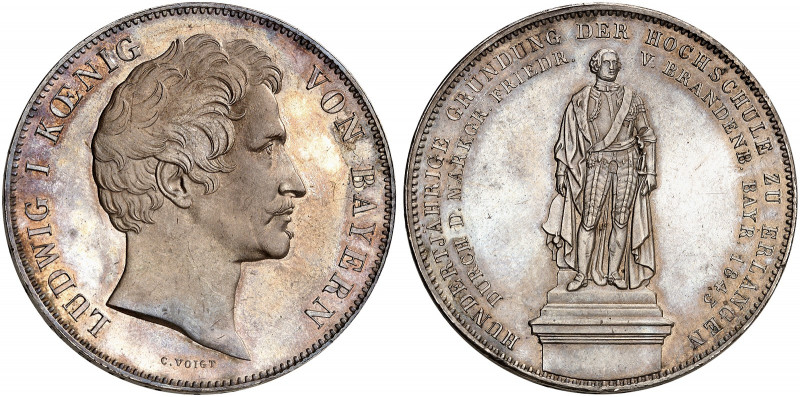 BAYERN. Ludwig I., 1825-1848. 
Geschichtsdoppeltaler 1843, "HOCHSCHULE ZU ERLAN...