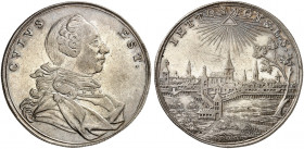 BRANDENBURG - ANSBACH. Christian Friedrich Karl Alexander, 1757-1791. 
Guldenförmiger Jeton o. J. Brustbild / Stadtansicht von Bayreuth. Riffelrand. ...