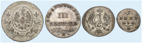 BRANDENBURG - ANSBACH. Friedrich Wilhelm III. von Preussen, 1797-1805. 
Lot von 4 Stück: 1 Pfennig, 6 Kreuzer 1799, 3 Kreuzer 1800, 1 Kreuzer 1802, B...