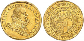 BRANDENBURG - BAYREUTH. Christian, 1603-1655. 
Dukat 1642 (aus 1641), Nürnberg. Friedb. 370, Slg. Wilm. 558 Gold kl. Prüfspur u. Druckstelle, f. vz