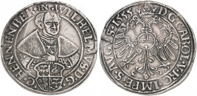 HENNEBERG. - Grafschaft. Wilhelm, 1480-1559. 
Taler 1555, Schleusingen, mit Titel Karl V. Dav. 9252, Heus 103 kl. Hksp., min. Sfr., ss