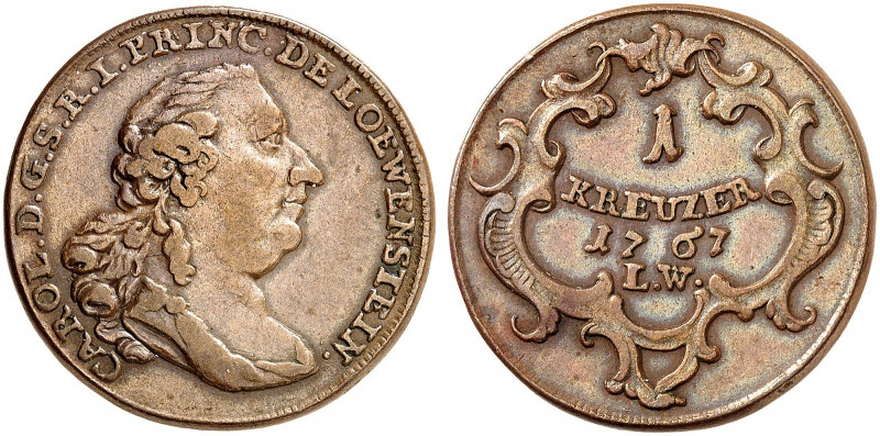 LÖWENSTEIN - WERTHEIM - ROCHEFORT. Karl Thomas, 1735-1789. 
1 Kreuzer 1767, Wer...
