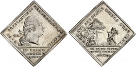 LÖWENSTEIN - WERTHEIM - ROCHEFORT. Dominik Konstantin, 1789-1806. 
Silberklippe 1789 (unsigniert, 28,8 x 28,9 mm), auf seinen Regierungsantritt. Brus...
