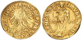 NÜRNBERG. - Stadt. 
Goldgulden 1546. Friedb. 1801, Kellner 12, Slg. Erl. 153 Gold kl. Sfr., l. gewellt, ss