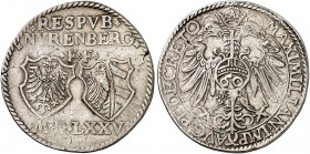NÜRNBERG. - Stadt. 
Guldentaler zu 60 Kreuzer 1575, mit Titel Maximilian II. Dav. 82, Kellner 142, Slg. Erl. 214 kl. Sfr., ss