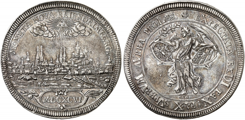 NÜRNBERG. - Stadt. 
Taler 1696, Stadtansicht, auf die Vorverhandlungen zum Frie...