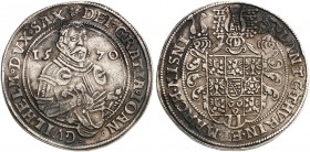 SACHSEN. - ERNESTINISCHE LINIE. Johann Wilhelm, 1567-1573. 
Taler 1570, Saalfeld. Dav. 9762, Schnee 165, Koppe 358d, Slg. Mers. 3727 min. Hksp., ss+